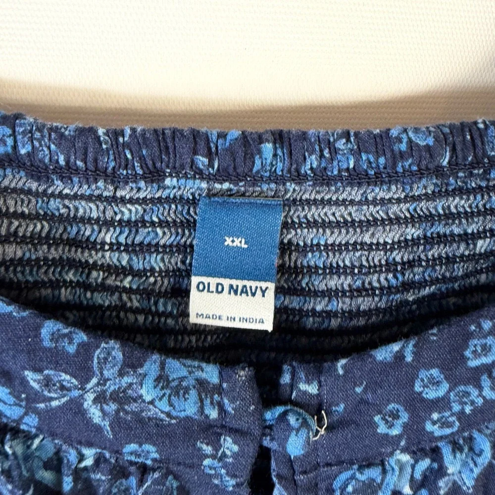 Old Navy Blouse Women XXL Blue Floral Square Neck Smocked Back Puff Sleeve